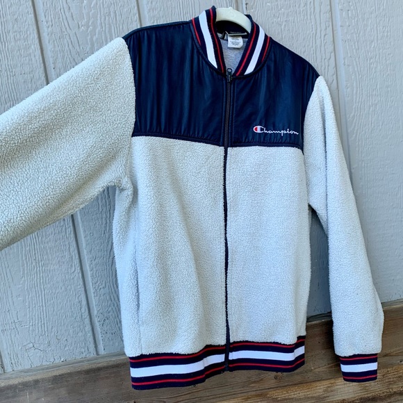 Champion sherpa color block jersey style zip up sporty jacket sweater - Picture 16 of 16